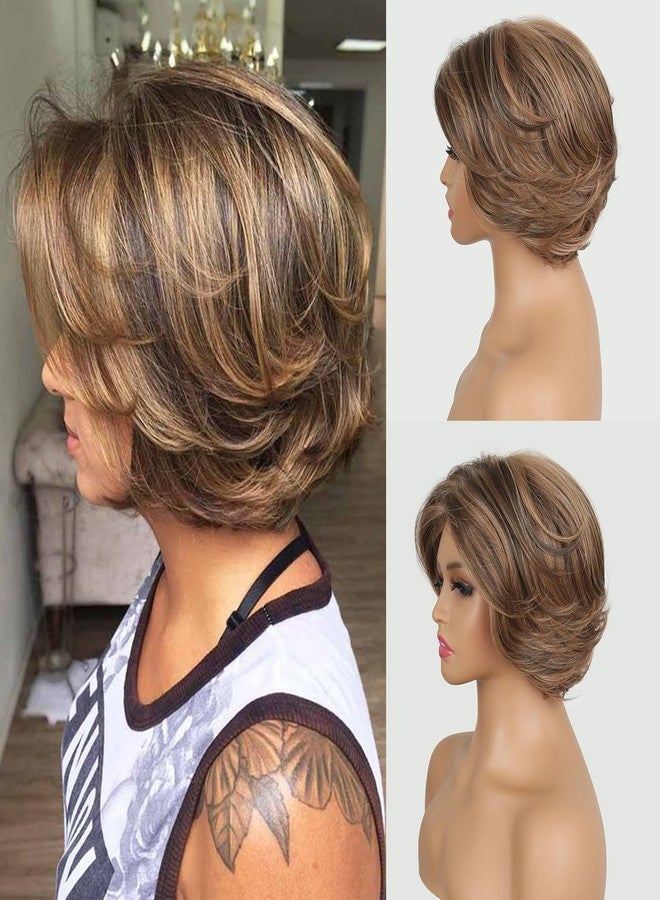 Aisaide Short Honey Blonde Pixie Cut Wig with Highlight Ombre Dark Brown Layered Bob Wigs for Women,Shaggy Layered Wig Ombre Highlight Brown Mixed Honey Blonde Curtain Bangs Curly Wig - Image 1